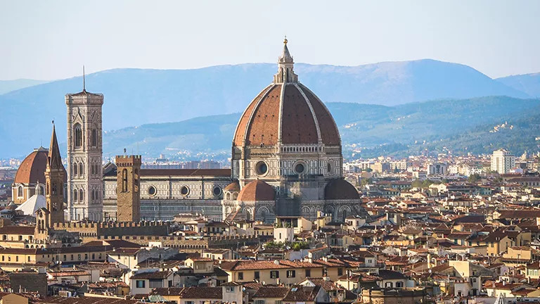 A birds eye view of Cathedral of Santa Maria del Fiore in Florence.