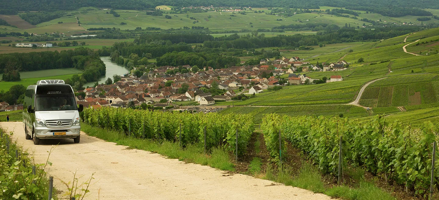 Mini coach driving through a vineyard near a village in a European wine region.