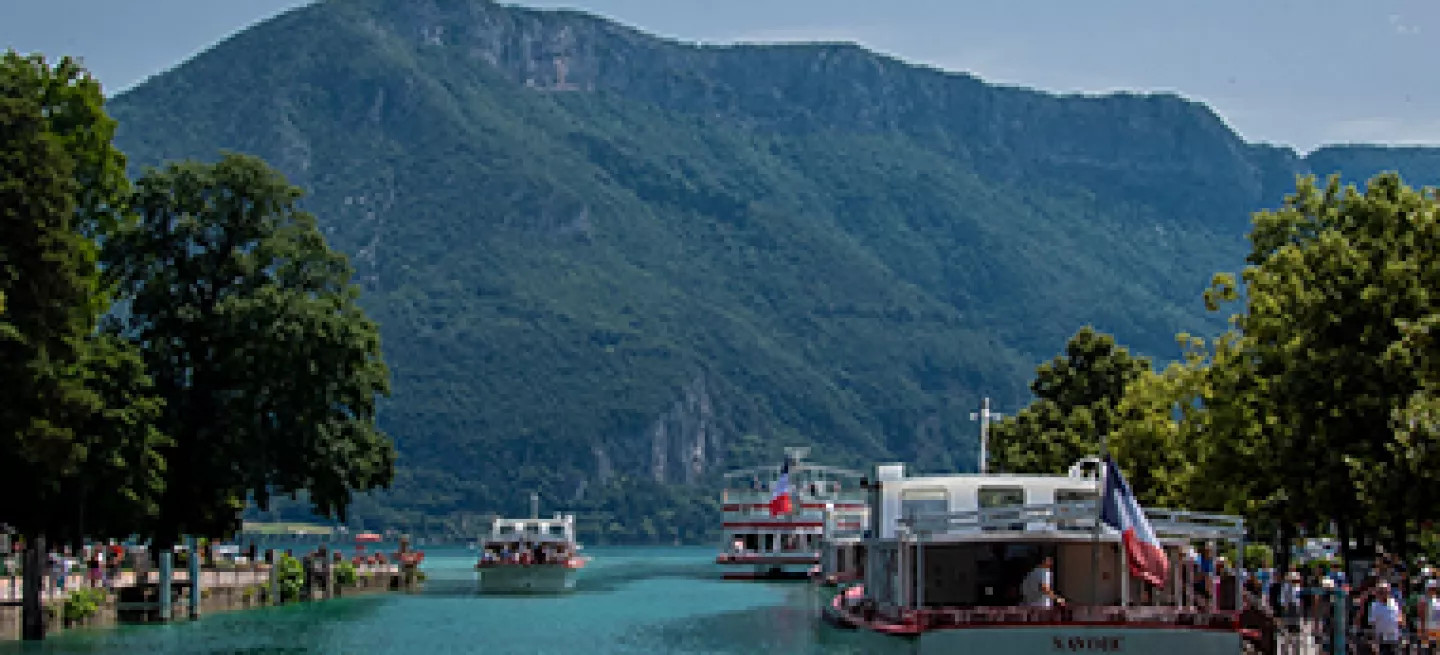 A view of turquoise Lake Annecy with white boats, French flags, green trees, hazy mountains, blurred flowers.