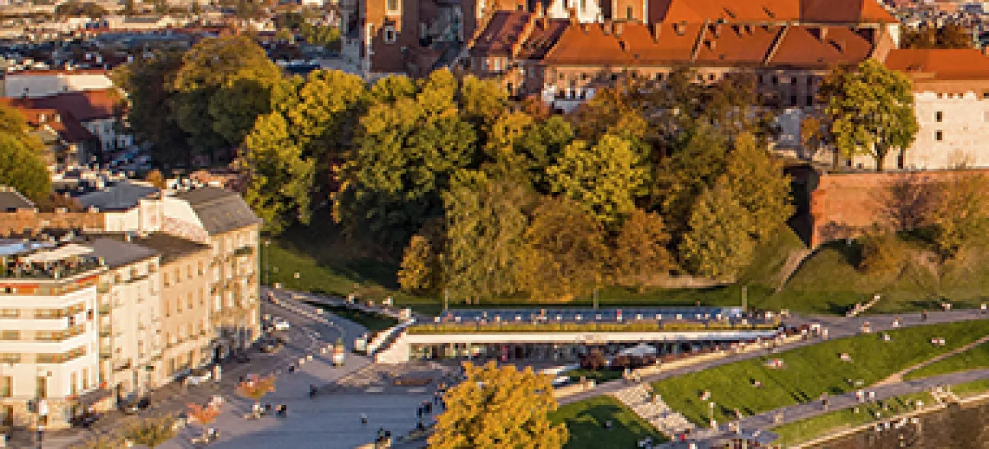 A view of Wawel Castle and the Vistula River in Kraków, Poland.