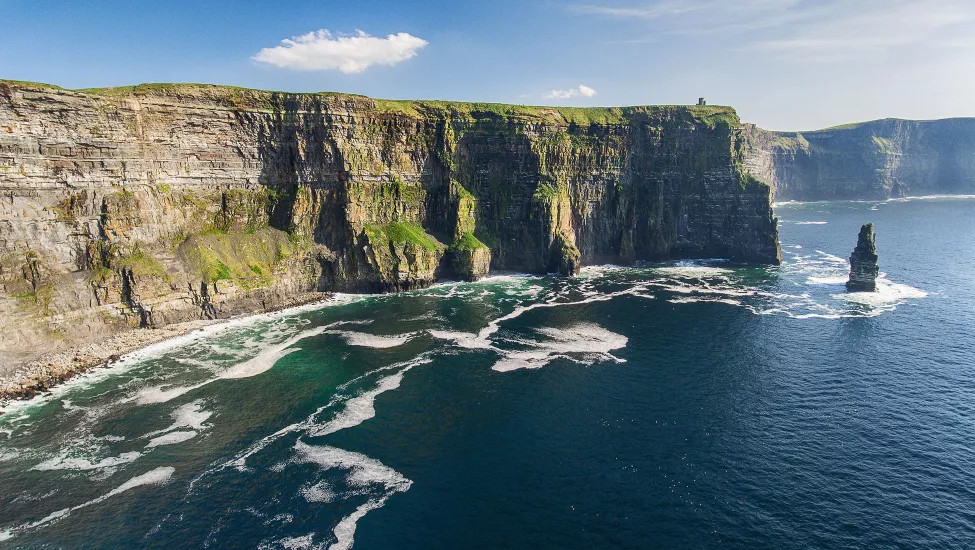 A landscape view of the Cliffs of Moher, the most famous cliffs in Ireland.