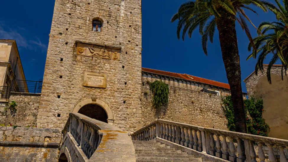 A view of the Revelin Tower, in the walled city of Korcula.