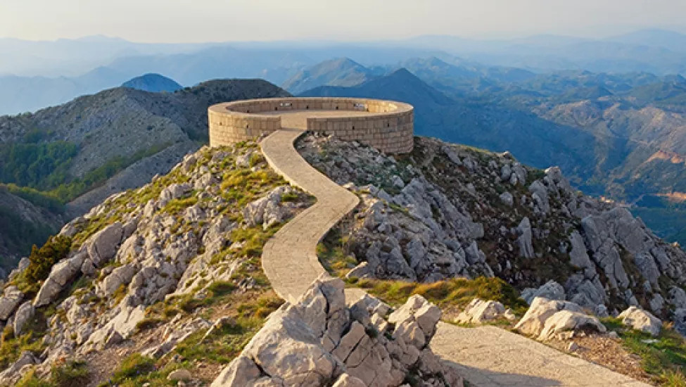 A view of a structure on the peak of Lovćen in Montenegro, known as the Black Mountain.
