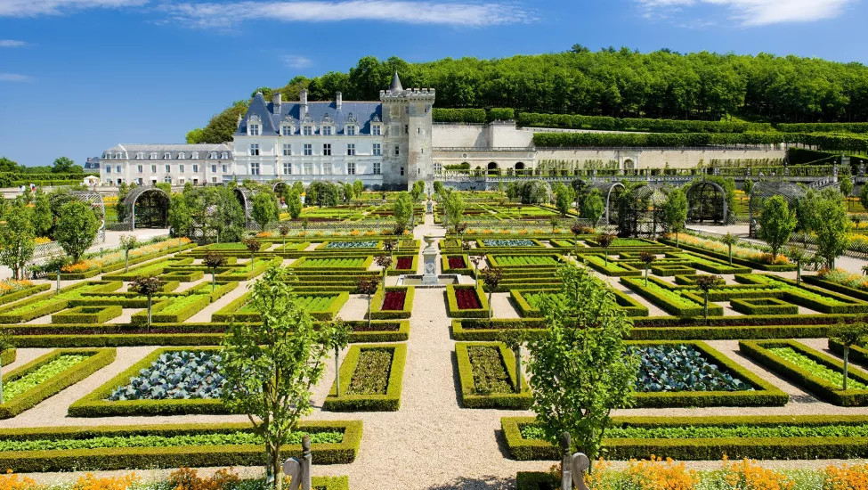 A landscape view of the grand Château de Villandry and it's exotic gardens.