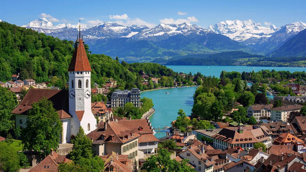 A view of the town of Spiez and Lake Thun in the Oberland region.