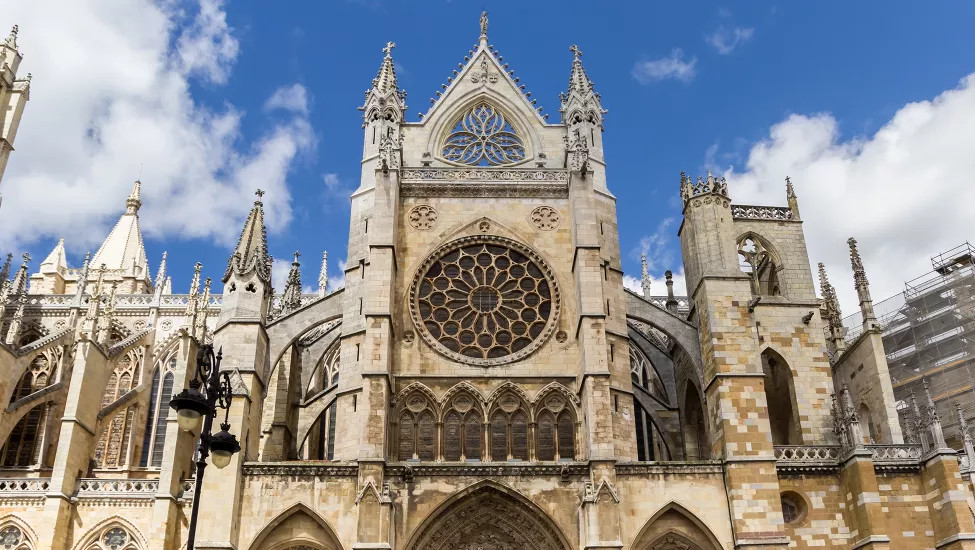 A view of the grand Leon Cathedral, it's iconic stained glass windows on full display.