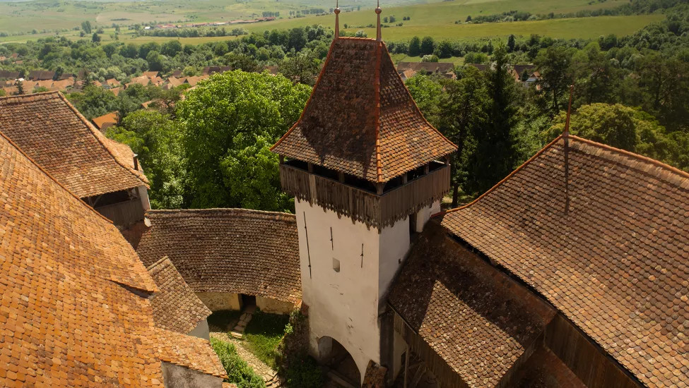 An overhead view of the battlements of the Viscri Fortified Monastery.