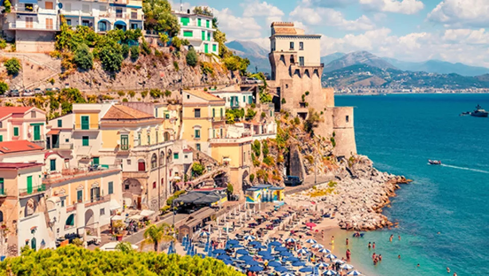 A landscape view of the coastal town of Cetara, one of the small towns dotting the Amalfi Coast.
