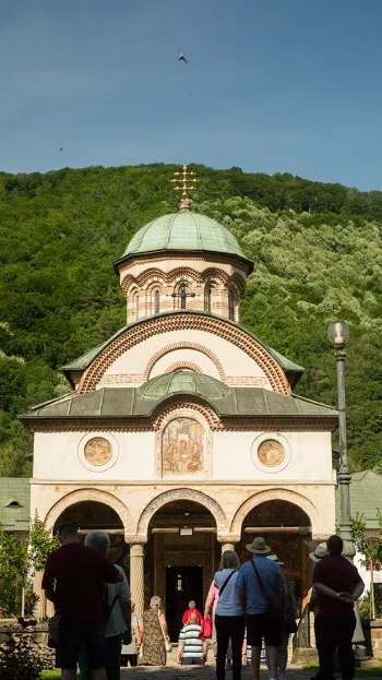 A view of the front of Cozia Monastery, regarded as one of the most important medieval complexes in Romania.