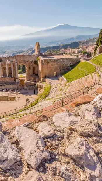 A view of the Teatro Antico di Taormina, an ancient amphitheatre in Taormina.