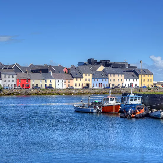 A seaside view of the harbour city of Galway, where the River Corrib meets the Atlantic.