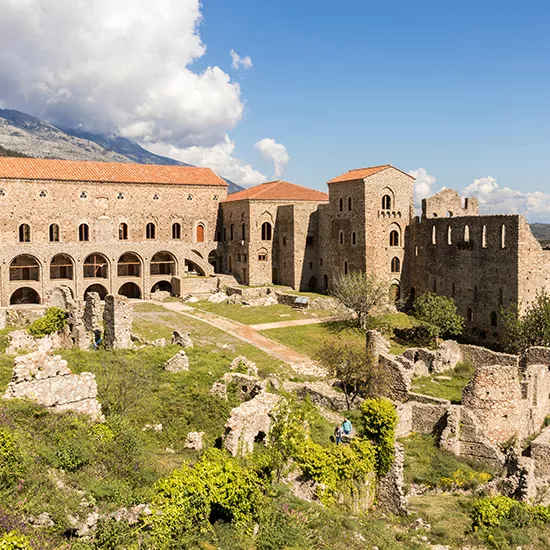 An aerial view of the Archaeological site of Mystra, home to its museum on Byzantine artifacts.