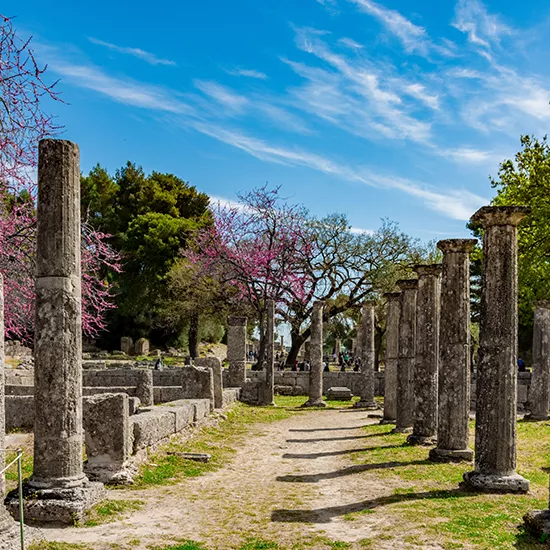 A view of the ruins of a Palaestra at Olympia, an area dedicated to sports such as wrestling.