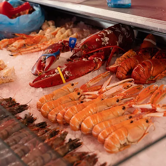 Different crustaceans and fish are on display at a fish market.