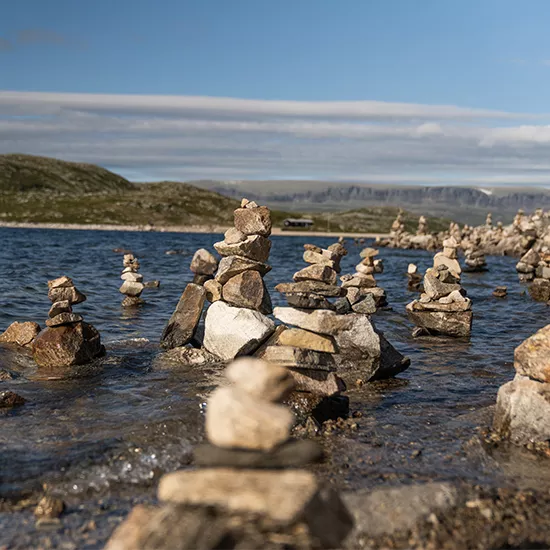 A view of the stacked basalt stone columns on the coast of Orteren.