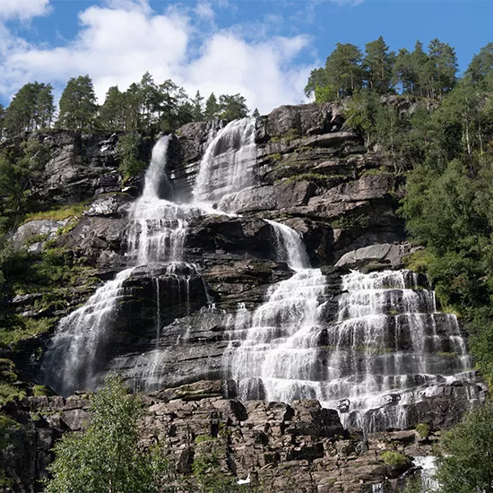 A view of the Tvindefossen waterfall in Norway, it's unique structure created by millenia of erosion.