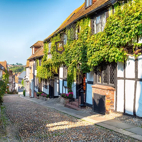 A view of idyllic houses line Mermaid Street in the town of Rye.