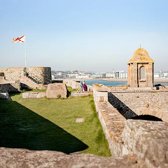 A view of the coast of Jersey from the battlements of Elizabeth Castle.
