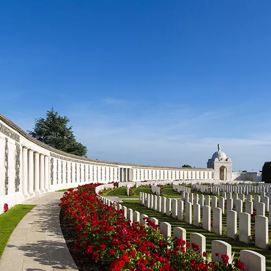 A landscape view of Tyne Cot, a memorial dedicated to ANZAC soldiers during WW1.