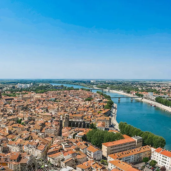An aerial view of the French city of Arles, a city whose buildings are famous for inspiring the works of Van Gogh.