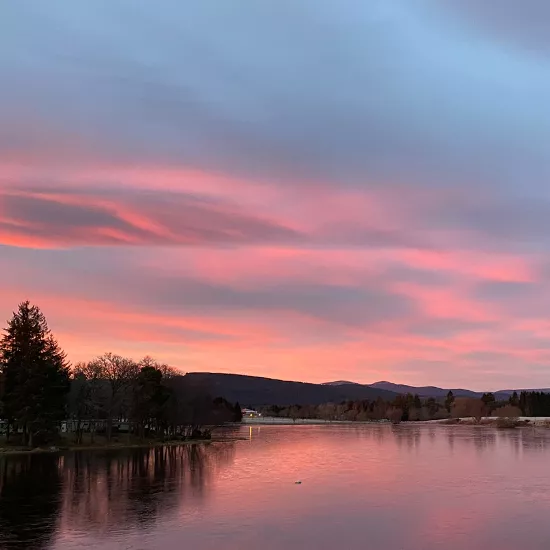 A view of Aboyne from the River Dee during dusk.