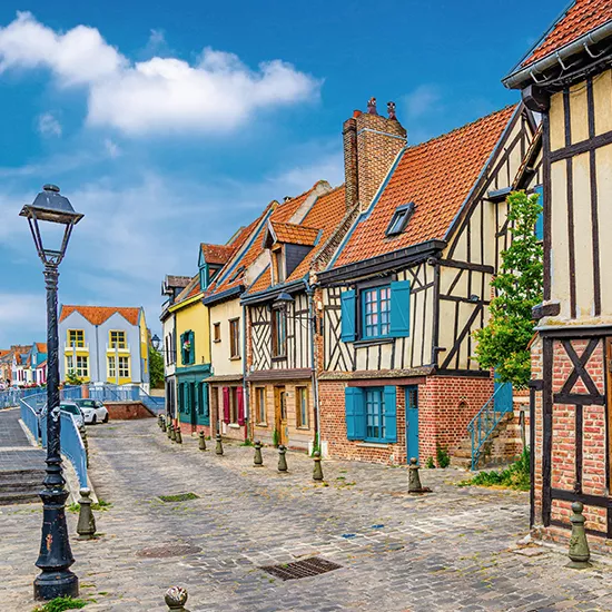 Colourful houses full of character line the streets of the town of Amiens.